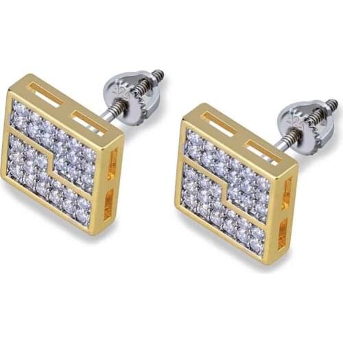 JINAO Hip Hop New Fashion Split Shape Bling Stud Earrings Gold Color Micro Pave Cubic Zircon Square Stud Earring For Men & Women
