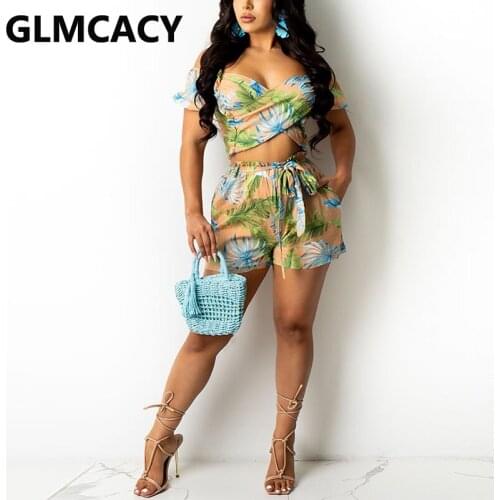Tropical Printed Summer Two Piece Suits Off Shoulder Crop Top & Bodycon Shorts Set