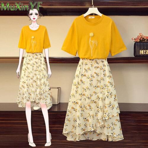 Plus Size Dress Suit 2021 Summer New Floral Dresses T-Shirt Two-Piece Women Fashion Short-Sleeved Skirt Set Female Slim Clothes