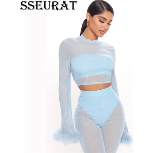 SSEURAT Women Sets Mesh See-through Gauze Feather Sleeves Tops + Flare Pants Suit Two Piece Set Night Club Party Elegant Outfi