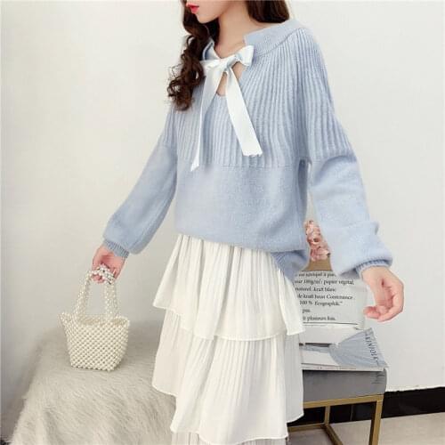 2021 Spring Autumn Sweater Women Hedging Long Sleeve Bow Round Neck Solid Color Casual Loose Pullover Female Costume Outwear