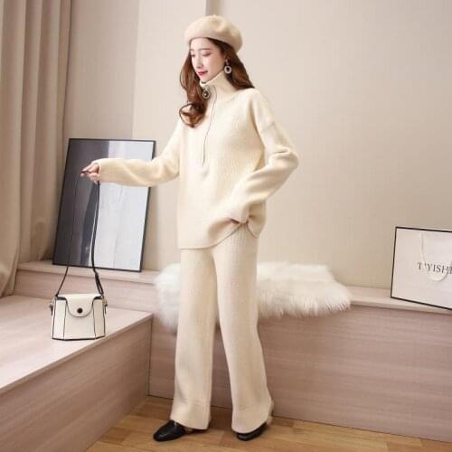 Turtleneck Zipper Pullover Sweater+Elastic High Waist Wide Leg Pants Office Lady Loose Solid Knit Two Pieces Set костюм женский