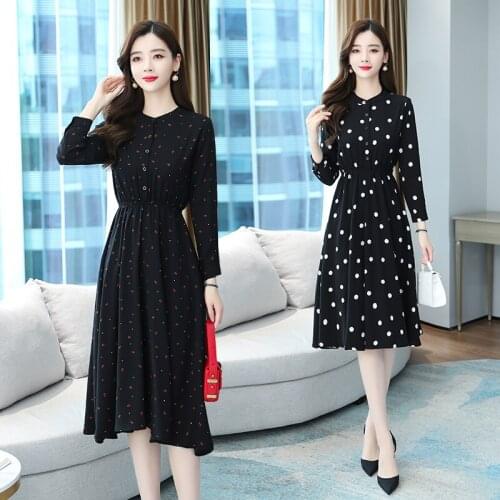 Autumn Korean Black Dot Chiffon Beach Midi Dress 2021 Vintage Plus Size Long Sleeve Dresses Women Elegant Bodycon Party Vestidos
