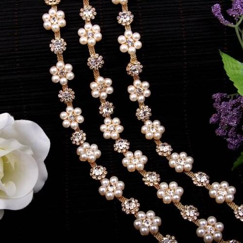 1 yard 1.5 cm Pearls Flower Crystal Chain DIY Necklace Neckline of Dress Shirts Costume Silver Gold Plated