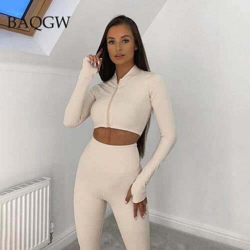 2020 Autum Women Long Sleeve Zipper Tshirt and Leggings Sporty Two Piece Set Crop Top Long Pants Fitness Set Bodycon Tracksuit