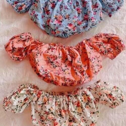 2021 Infants Summer Girl Pure Cotton Crushed Flower One Word Shoulder Fashion Bubble Sleeve Top Baby Kids Short Blouses