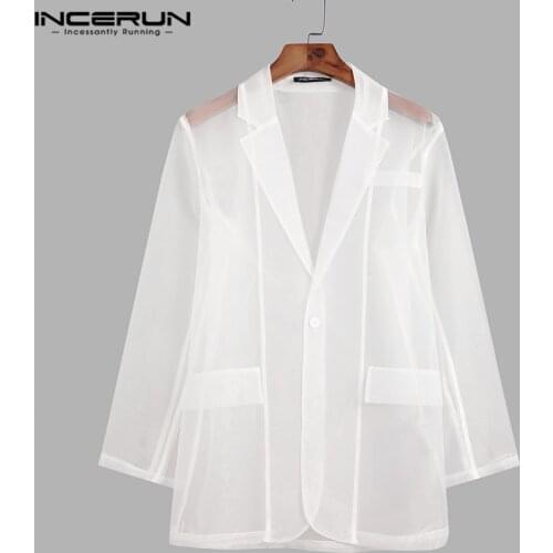 2021 Men Mesh Blazers Transparent Lapel Streetwear Long Sleeve Sexy Casual Coats Fashion One Button Party Men Suit S-5XL INCERUN