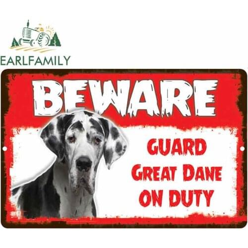 EARLFAMILY 13cm x 8.5cm Car Sticker Beware Guard Great Dane Dog On Duty Novelty Aluminum Metal Sign Car Styling