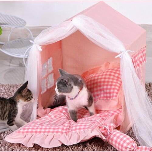 Gauze Princess Pink Grid Bed for Small Dogs Tent Sweet Cat House Comfy Puppy Tent Fluff Cushion Kennel Dog Pet Supplies Teddy