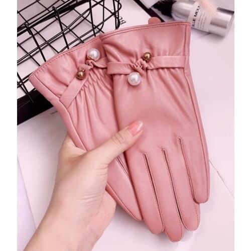 Leather gloves womens winter warm touch screen cycling driving thin dazzle color hangings Korean lovely Plush gloves