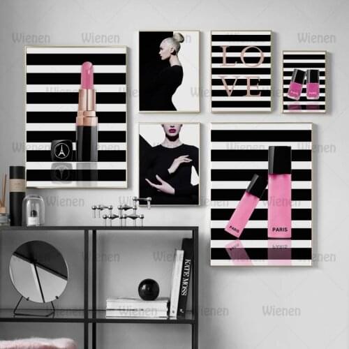 Girl Nail Polish Salon Canvas Painting Rose Gold Love Lipstick Wall Art Posters and Prints Wall Pictures for Living Room Decor