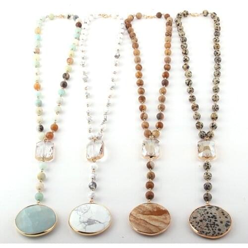 Fashion Bohemian Jewelry Stones Rosary Chain Rectangle Crystal Link Stone Pendant Necklaces For Women Ethnic Necklace