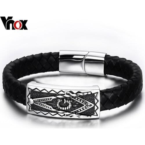 Vnox Mens Stainless Steel Freemason Masonic Bracelet Punk Genuine Black Leather Wrap Bracelets Bangles Buckle Jewelry