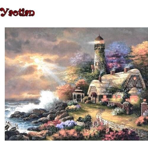 Autumn Hut Sunset Seascape 5D Full Square Round Drill Diamond Painting Mosaic Diamond Embroidery Cross Stitch Kit Decoration New