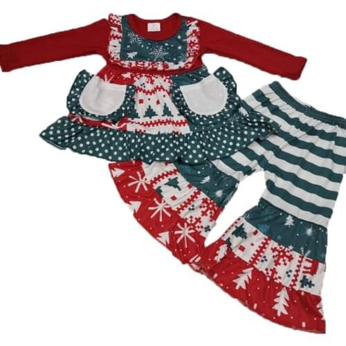 Girls Outfits Pocket Long Sleeves Dress Bell Bottom Pants Christmas Boutique Kids Spring Autumn Clothing-Sets