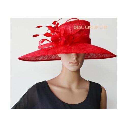 Wholesale NEW Red X LARGE BRIM Sinamay Hats Church hats for Wedding,Royal ascot,Kentucky derby