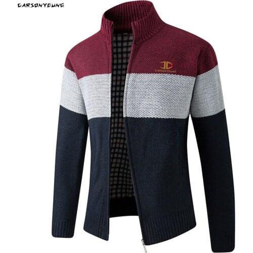 Autumn Winter Mens Sweater Coat Faux Fur Wool Sweater Jackets Men Stripe Color Matching Knitwear Cardigan Full Zip Warm Coat