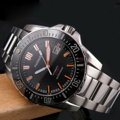 Parnis 44mm Mens luxury watch Diver watch Sapphire glass Ceramic Bezel black dial luminous Miyota 8215 Automatic movement