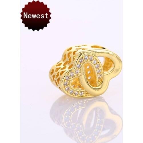 Luxury Brand 100% Copper Zirconia 2 Heart Charms Bead Fit Original Pandor Bracelet Necklace Pendant Authentic Jewelry Making