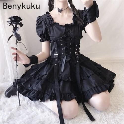 Puff Sleeve Black Gothic Girls Lolita Dress Vintage Punk Style Ruffles Bandage Mini Dress Victorian Renaissance Women Dresses