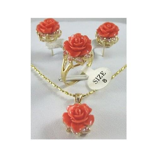 Mujer Nobility Lucky women Design 12mm Red Pink Coral Carved Flower Earrings Ring Necklace Pendant Plated Fine moda