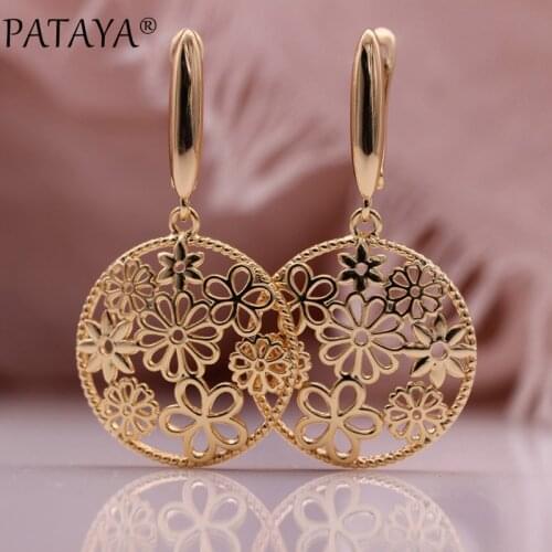 PATAYA New Hollow Flower Big Earrings 585 Rose Gold Christmas Gift Women Wedding Fine Fashion Jewelry Round Long Dangle Earrings