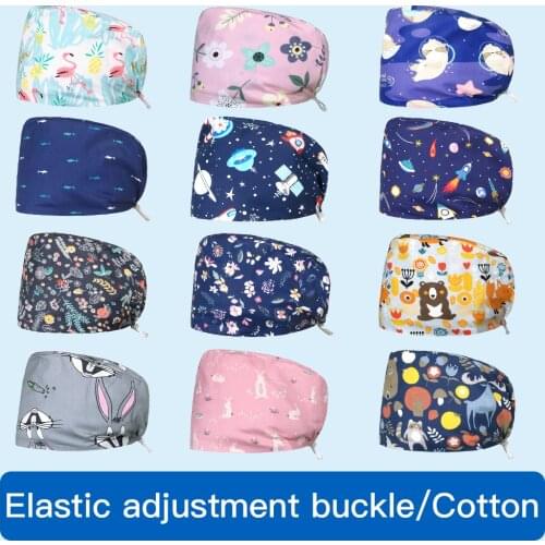Floral Print Tooth beauty work hats lab dust-proof work caps pet shop scrub cap with Adjustable elastic buckle cotton scrubs hat