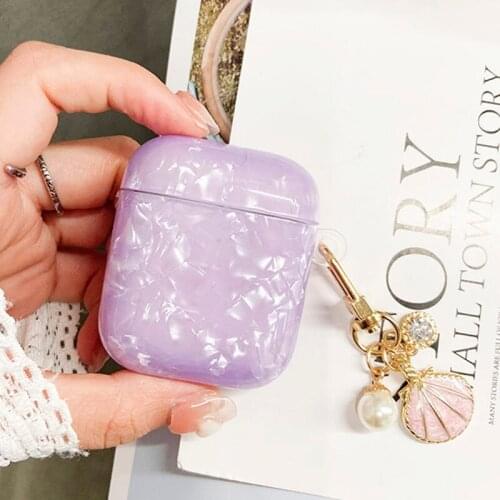 Cute Purple Case with Pearl Shell Key Chain Gift for Girls Women IMD Silicone Protective Cover for Airpods 1 2 Pro