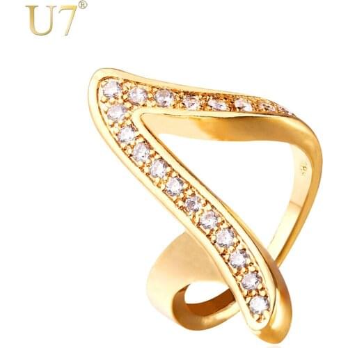 U7 Fashion V Shape Rings For Women Luxury Cubic Zirconia Ring Gold Color Geometric Crystal Cocktail Ring Wholesale R407
