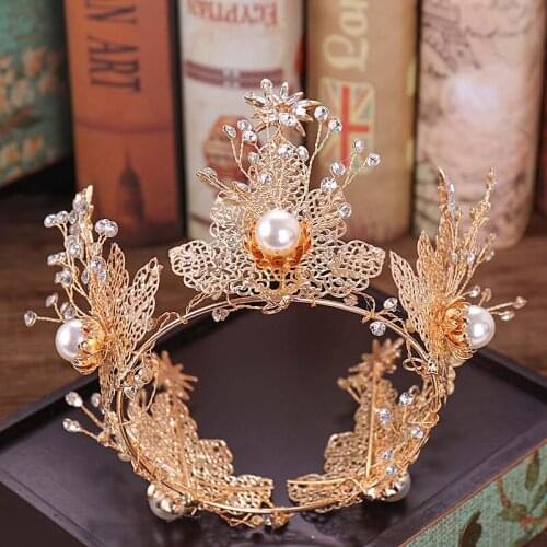 Vintage Wedding Bride Hair Jewelry Ornaments Full Circle Crystal Bridal Tiaras and Crowns Gold Leaf Floral Pearl Noiva Diadem