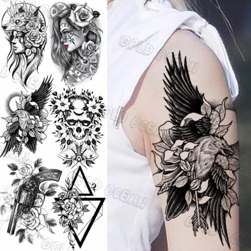 Black Eagle Feather Temporary Tattoos For Women Adults Realistic Skull Geometric Gunwolf Rose Flower Sexy Arm Body Tatoos 3D