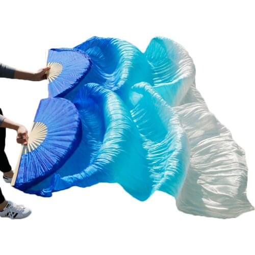 High selling 100% Real Silk Veils 1 Pair handmade women Quality Silk Belly Dance Fan Dance blue turquoise white 180*90 cm