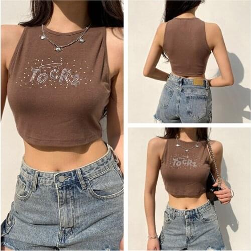 Womens Casual Tank Tops Sleeveless Crew Neck Rhinestone Slim Fit Workout Crop Tops Alphabet Rhinestone Vest For Female Summmer