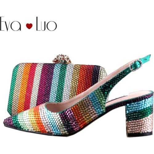 BS1153 Custom Made Multicolor Crystal Pointed toe Shoes with Matching Bags Set Slingbacks Block Heel Women Bridal wedding Shoes