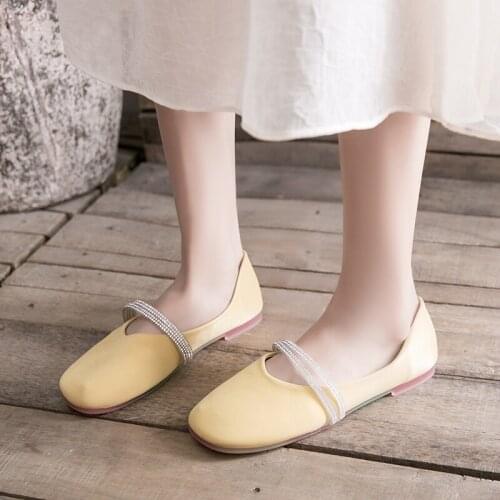 Women Flats Rhinestone Mary Janes Shoes Woman Loafers Crystal Ladies Shoes Bling Boat Shoes Yellow Greeen zapatos mujer N7720G