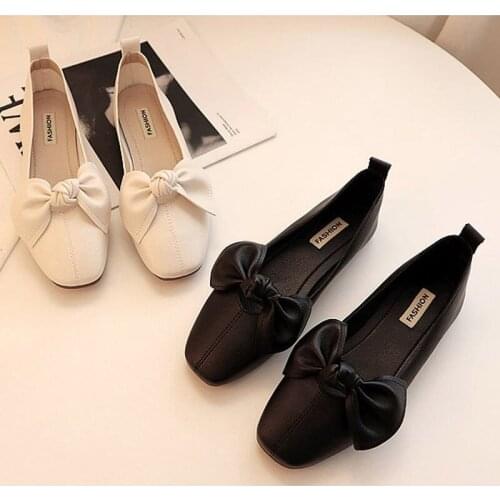 35-43 Yards Womens Shoes Feet Fat 2021 Square Shoes Grandma Shoes Shallow Bean Shoes Bow One Pedal Comfortable Flat Shoes