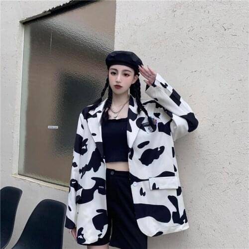 Black White Milk Cow Blazer Women 2021 Designer Female Suits Coat Spring Casual Outerwear Single Breasted Pockets Mujer Vestido