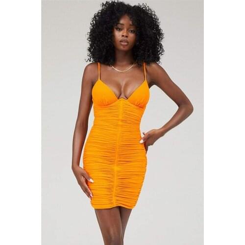 Women Summer Fashion Sexy V Neck Backless Draped Orange Brown Bodycon Mini Dress 2021 Elegant Evening Party Club Dress Female