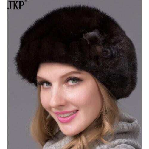 100% Real natural mink fur hat for women winter whole mink fur cap floral pattern Warm fashion hat