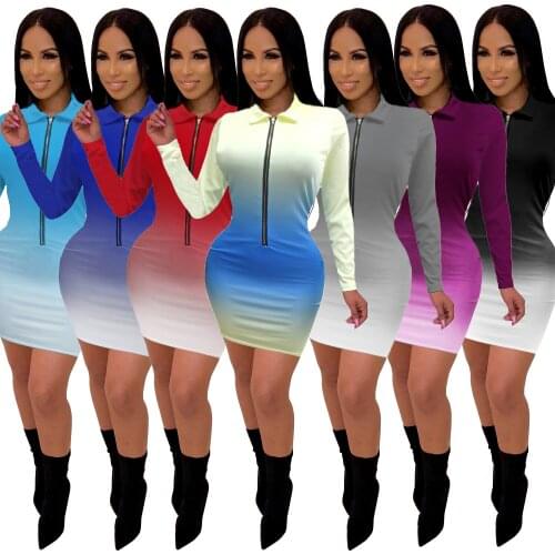 2020 Long Sleeve Gradient Color V-neck Tight Long Skirt Spring Womens New Fashion Street Dress Party Elegant Dress