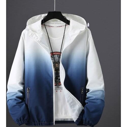 2021 New Mens Spring Autumn Hooded Jacket Fashion Gradient Color Windbreaker Waterproof Casual Bomber Jacket Zipper Coat M-5XL