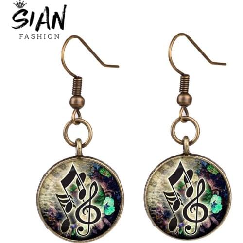 SIAN Elegant Personality Music Note Earrings Bronze Silver Color Handmade Photo Glass Gem Round Dangle Earrings Everyday Jewelry