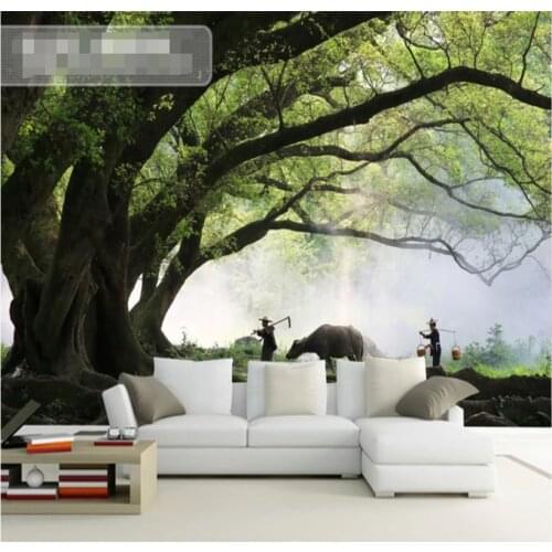 Big tree spring rain fog spring plowing TV background wall-customized wallpaper 8D waterproof wall covering