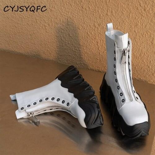 CYJSYQFC Autumn Winter Fashion Front Zipper Design Women Motorcycle Boots High Quality Genuine Leather Flat Platform Ankle Boots