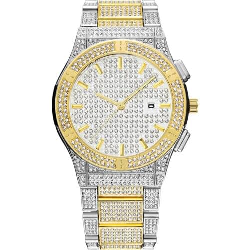 Silver And Gold Watch Mens Calendar With Full Diamond Watches Top Brand Luxury Man Watch Gift Box waterproof mens watches