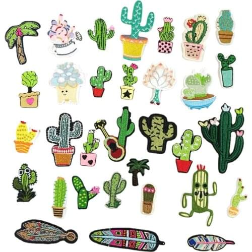 DIY iron-on embroidery cactus trees feather flower cartoon patches for clothing QR-22