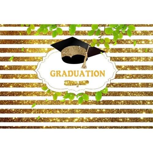 Gloden And White Stripe Photography Background Bachelor Cap With Gold Powder And Green Leaves Backdrop For Graduation Photo Prop