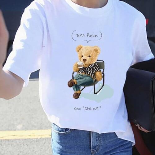 BLINGPAW Graphic T Shirts Teddy Bear Just Relax and Chill Out Letter Print T-shirt White Cotton Unisex Tees Summer Tee Shirts