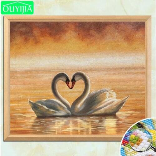 OUYIJIA Swans Couple In Golden Water 5D DIY Diamond Painting Full Square Diamond Embroidery Picture Rhinestones Mosaic Painting