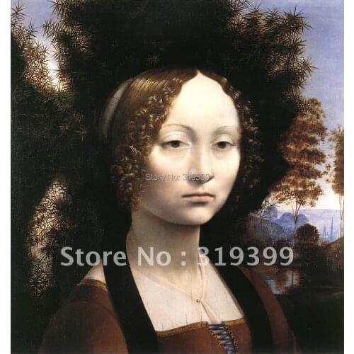 Leonardo Da Vinci Oil Painting Reproduction on linen canvas,Ginevra de Benc ,Fast Free Shipping, 100% handmade